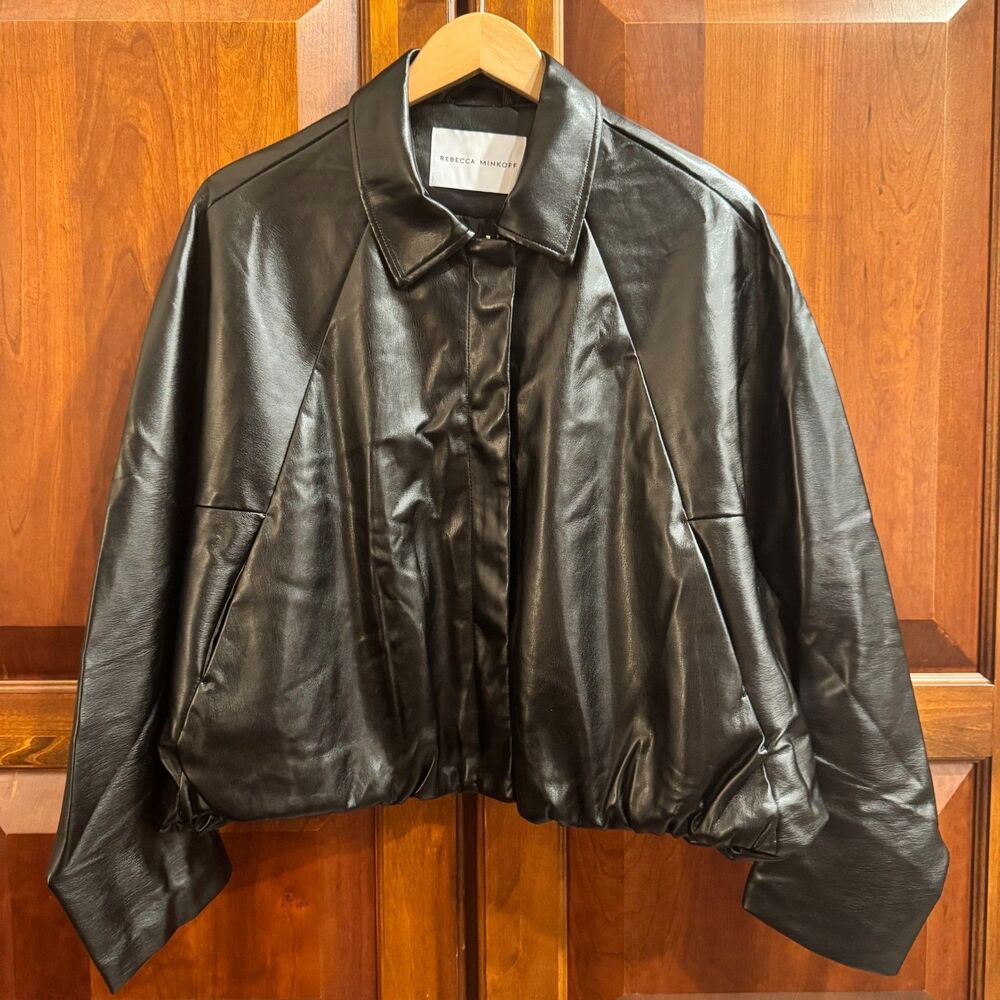Rebecca Minkoff Faux Leather Modern Bomber Jacket Black Dolman Sleeves Large NWT